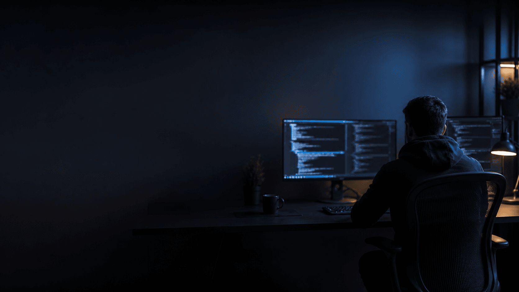 Dark modern workspace with monitors