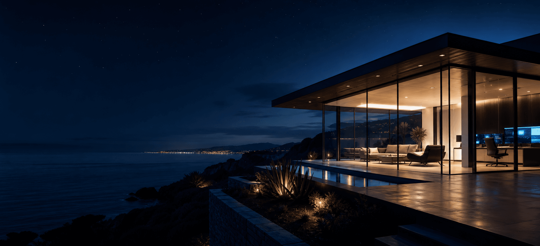 Modern glass command center at night